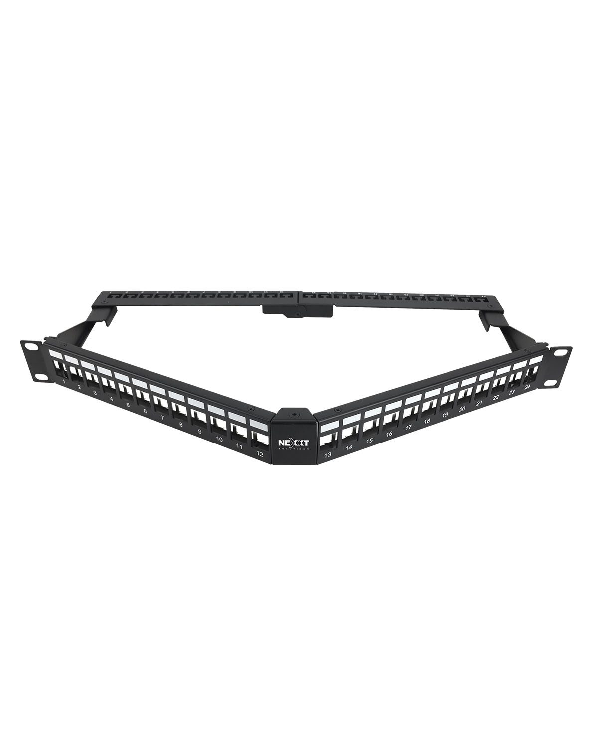 Nexxt Solutions Infrastructure Patch panel Coldrolled steel Black with silver extrusion Angled Mod SH 24P 1U