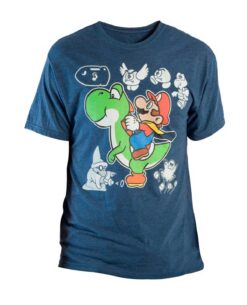 PLAYERA SUPER MARIO WORLD MARIO AND YOSHI AZUL GRANDE