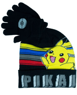 SET DE GORRO BEANIE Y GUANTES POKEMON PIKACHU GRIS