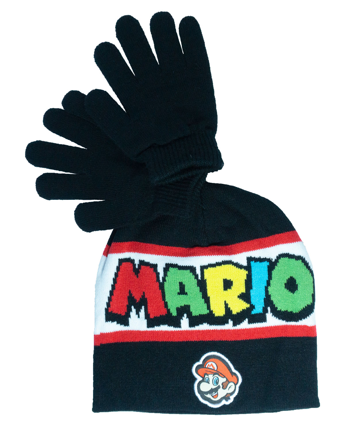 KIT GORRA BEANIE Y GUANTES SUPER MARIO NEGRO Y BLANCO