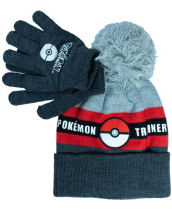 KIT GORRA BEANIE Y GUANTES PATCH ON CROWN POKEMON GRIS