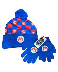 GORRO BEANIE AZUL CON CUADROS ROJOS MARIO